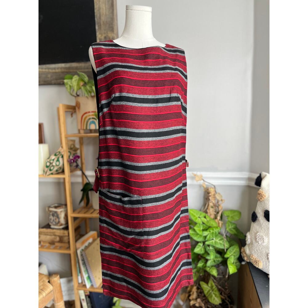 Vintage 90s Pinafore Dress Red Black Gray Striped Lagenlook Size Small
